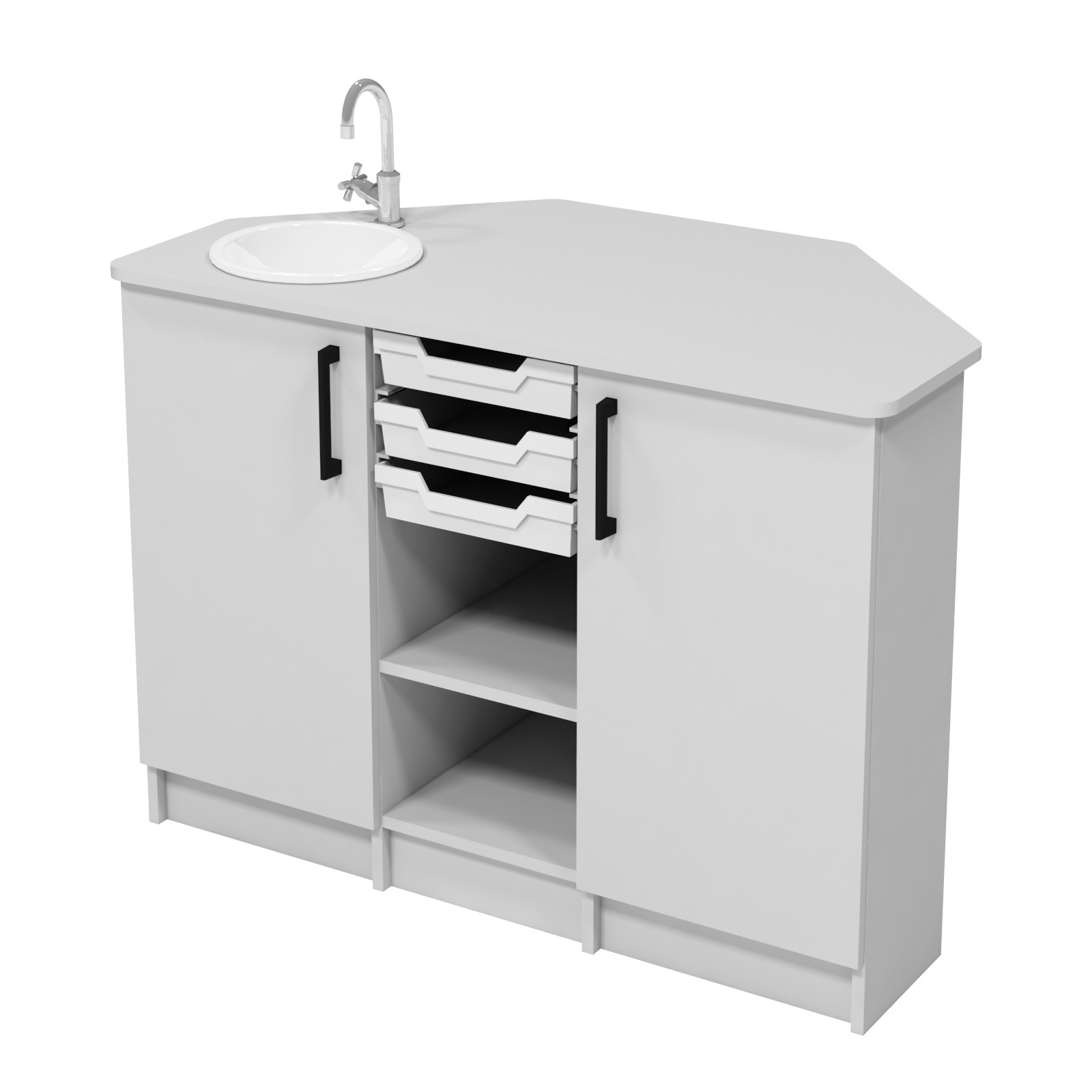 Тумба з мийкою та краном, з покриттям стільниці HPL для кабінету хімії,з 3-ма відділеннями, з 3-ма пластик.лотками, 1200х650х860 мм, АНШАР ГРУП (59391К)